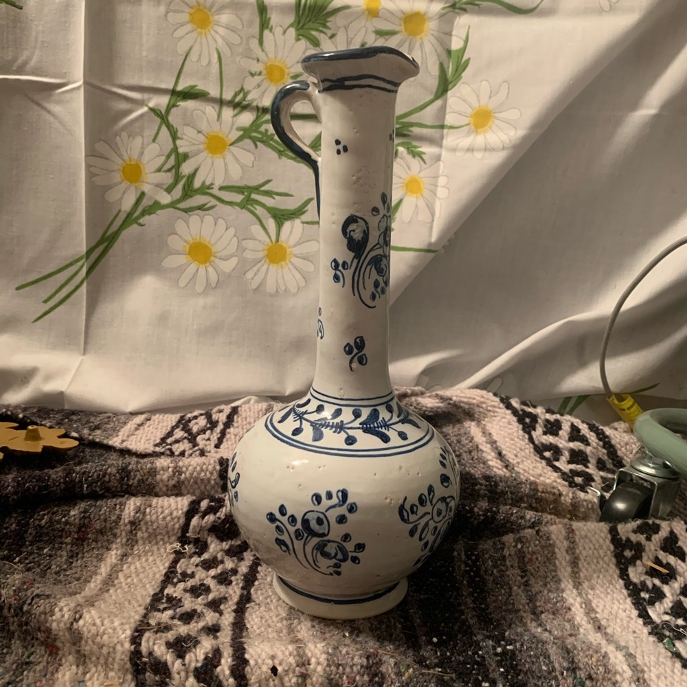 Talavera mexican hand painted blue pitcher vase